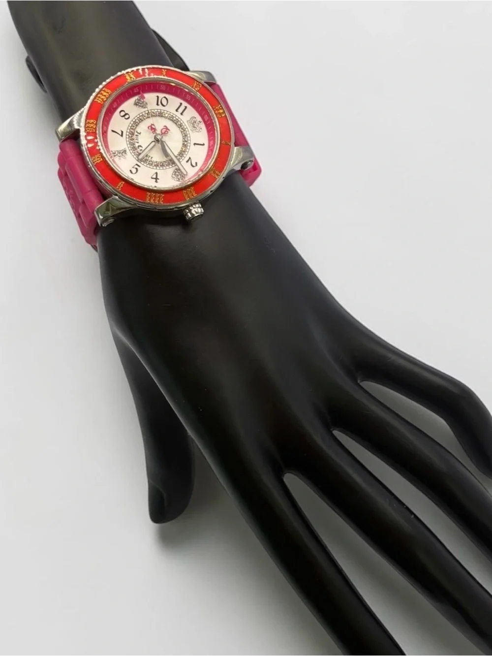 Juicy Couture Pink Silicone Strap Crystal Heart Crown Analog Watch